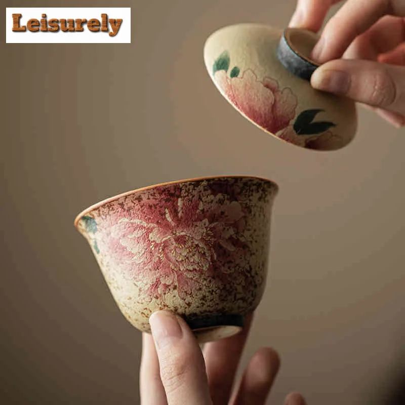 Chinese Firestone Red Peony Tea Set Complete Set Vintage Tea Ceremony Set Household Teapot and Tea Cup Set Tableware Decoration