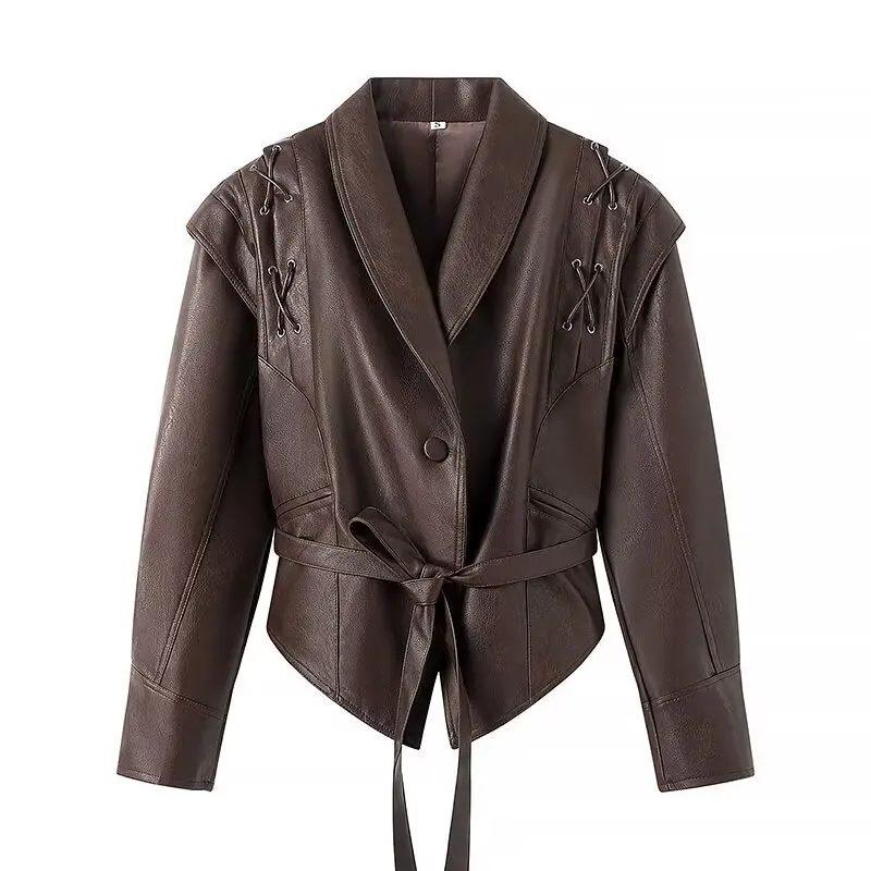 Suninheart Autumn and Winter Faux Leather Jackets for Women 2024 Chic Dropped Shoulder PU Jacket Coat Casual Office Lady Blouse 6