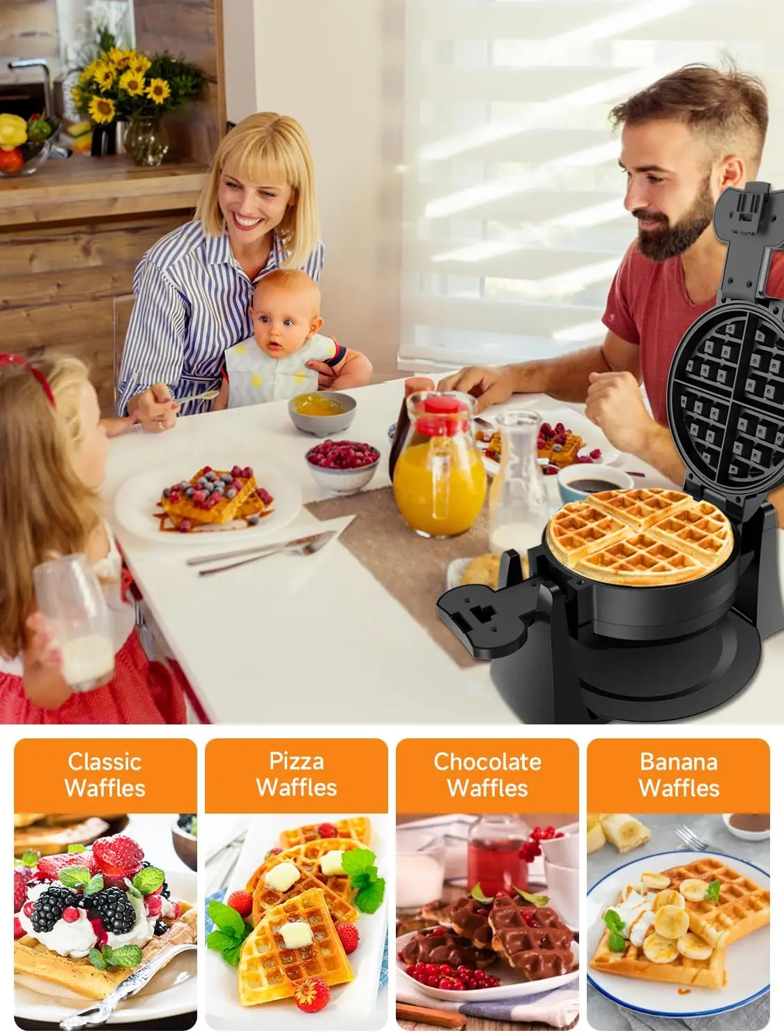 Maker, 1400W Double Belgian Waffle Iron 180° Flip, 8 Slices, Rotating & Nonstick Plates, Removable Drip Tray for Easy Cle 6