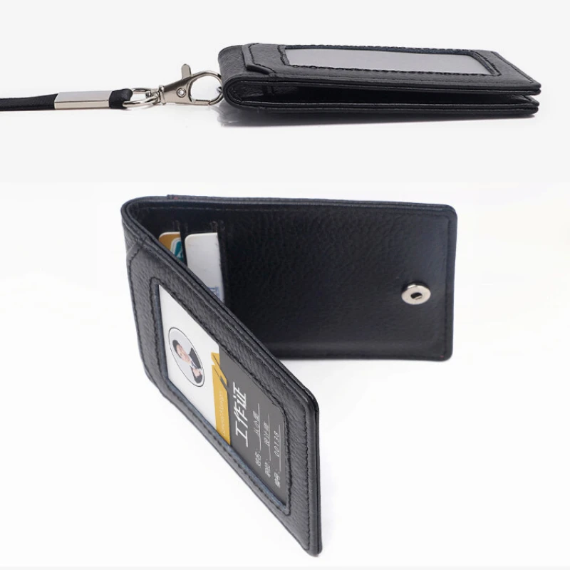 Heavy Duty ID Badge Holder With Lanyard Clip & 4 Vertical Card Slots - Black Wallet Case