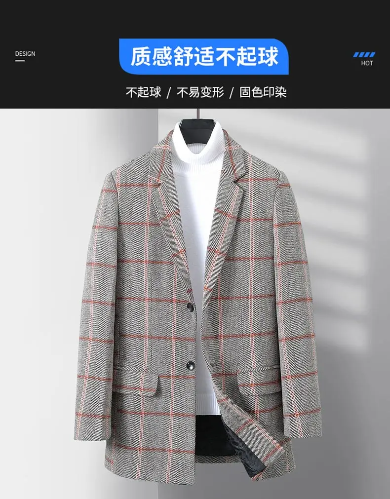 Hochwertige Herren-Wollmäntel mit Karomuster, Winter, Business-Casual, kariert, Baumwolle, dick, Windjacke, Jacken, Oberbekleidung, schmaler, warmer Mantel – Detail 16
