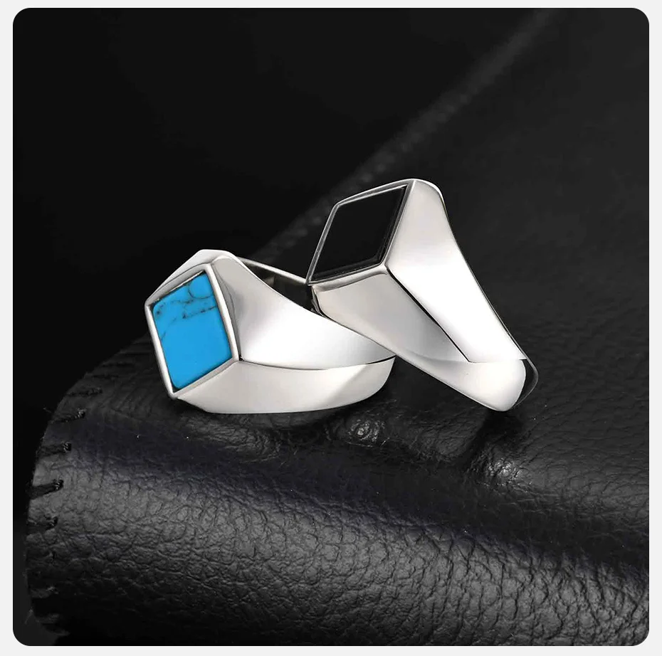 Vnox Edelstahl Türkis Schwarz Onyx Geometrischer Ring für Männer, Punk-Siegelring, Schmuckgeschenk zum Geburtstag, Valentinstag – Detail 7