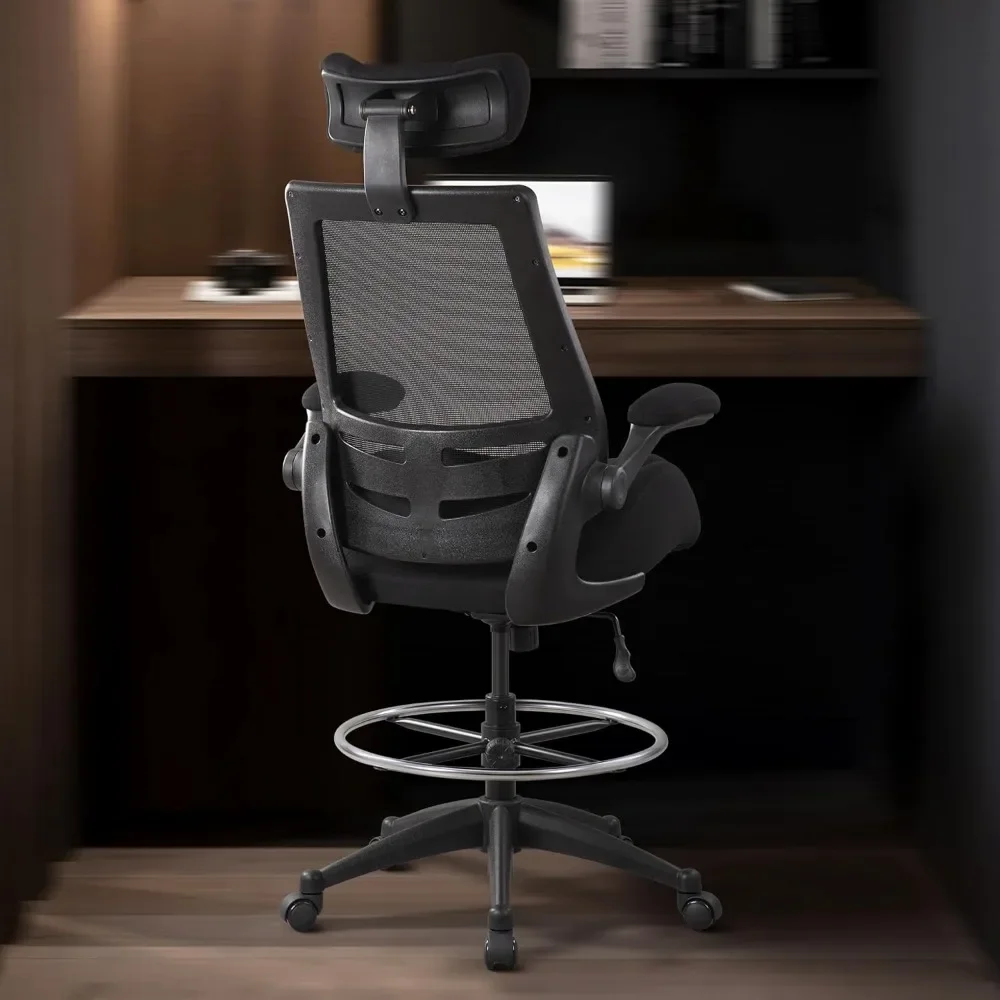 NEW-400lbs High Back Computer Office Drafting Chair Flip up Armrests Lumbar Support Adjustable Big Footrest Ring (Black)