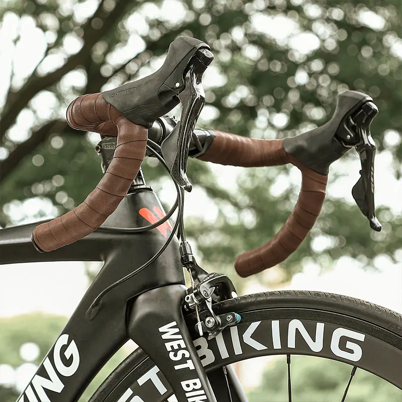 WEST BIKING Genuine Leather Handlebar Tape For Road Bike Retro Bike Bar Tape Cycling Damping Wrap Straps End Plug Accessories bike handlebar tape
