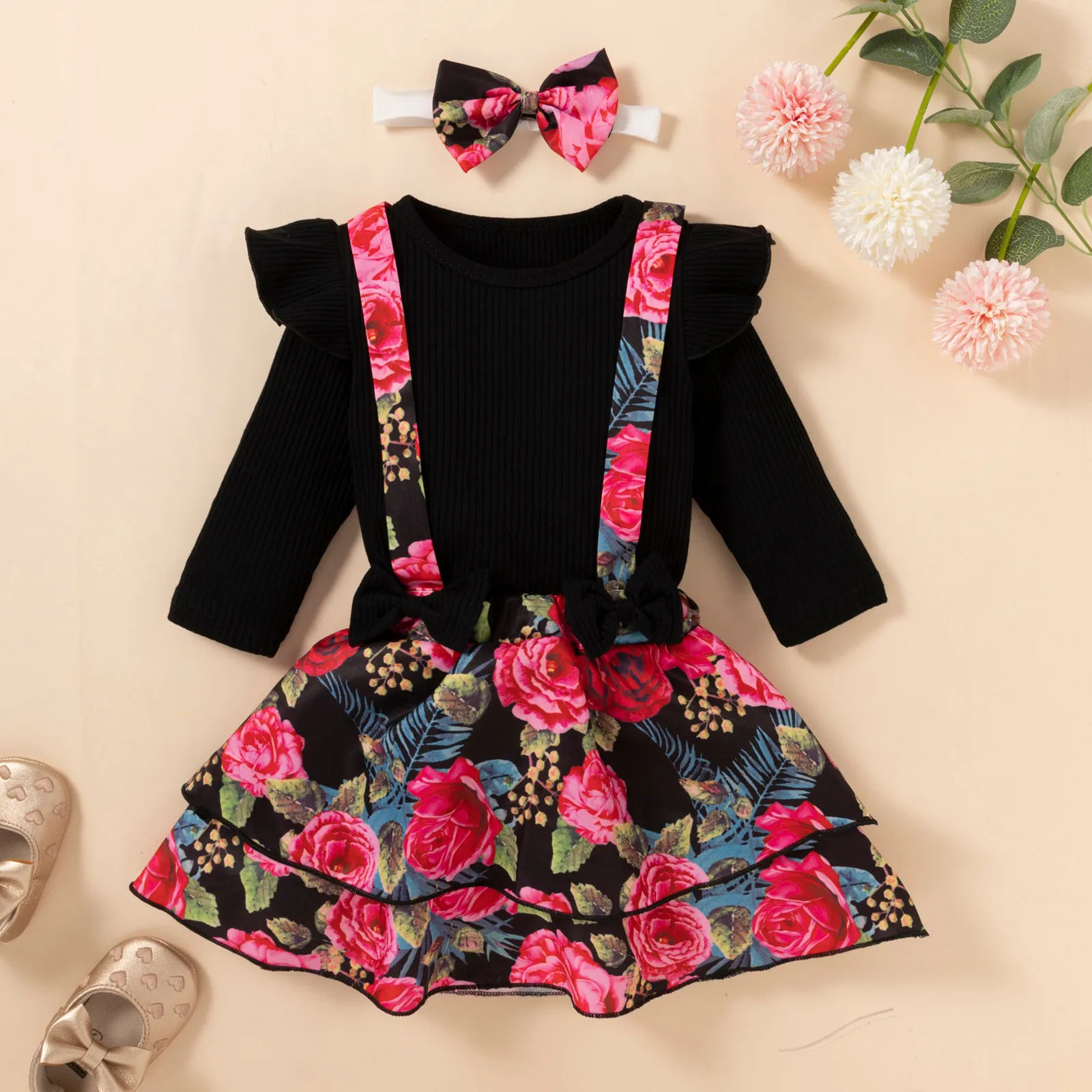 

Infant Clothes Toddler Kid Baby Girls Solid Color Long Sleeve Round Neck Ruffled Ribbed Tops Floral Bow Baby Girl Sleeper Gown