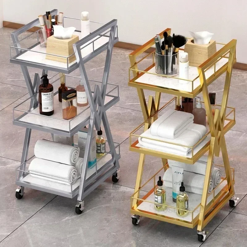 Modern Beauty Salon Gold Iron Salon Trolleys Professional Barbershop Tool Trolley Auxiliary Cart with Wheels for Beauty Z