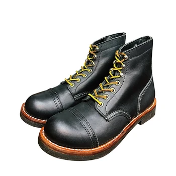 American Retro High Top Motorcycle Shoes Men's Chelsea Boots Work Casual Breathable Round Toe Handmade Genuine Leather Boots