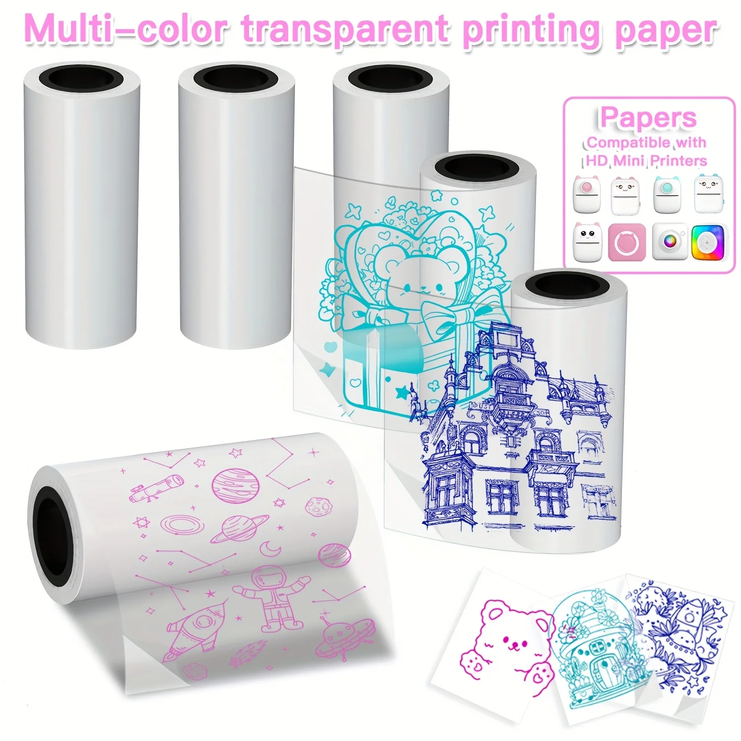 Colorful Transparent Self-Adhesive Stickers, Rolls of Clear Labels, Suitable for Mini Portable Printer, Printing Paper 57mm
