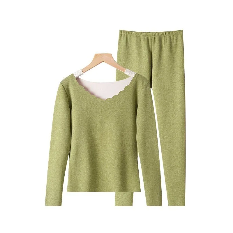 Velvet Long Johns Solid Thermal Underwear Sets Winter Women Clothes Warm Lingerie Long Sleeve Trousers 2 Pieces Thermal Pants