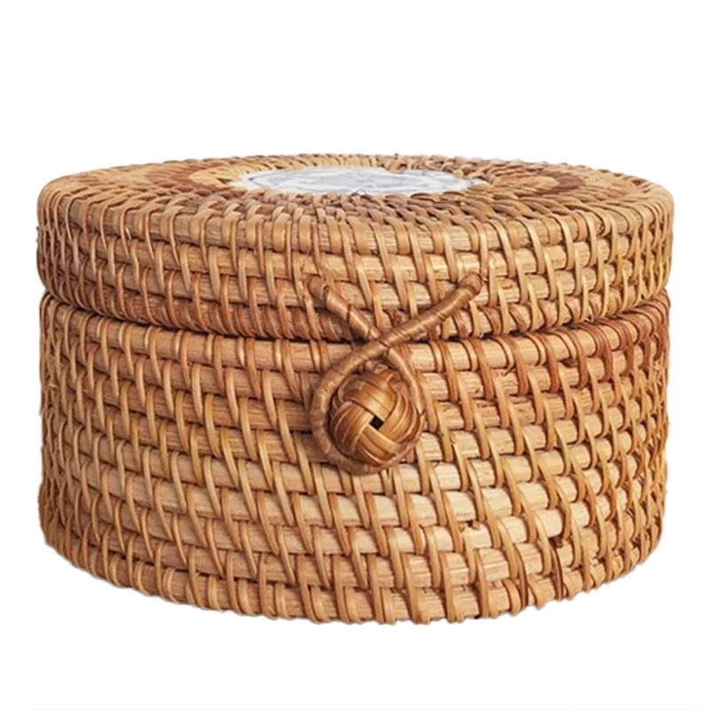 

Handwoven Rattan Storage Box With Lid Wicker Tea Food Container Picnic Bread Fruit Cake Basket Kitchen Organizer