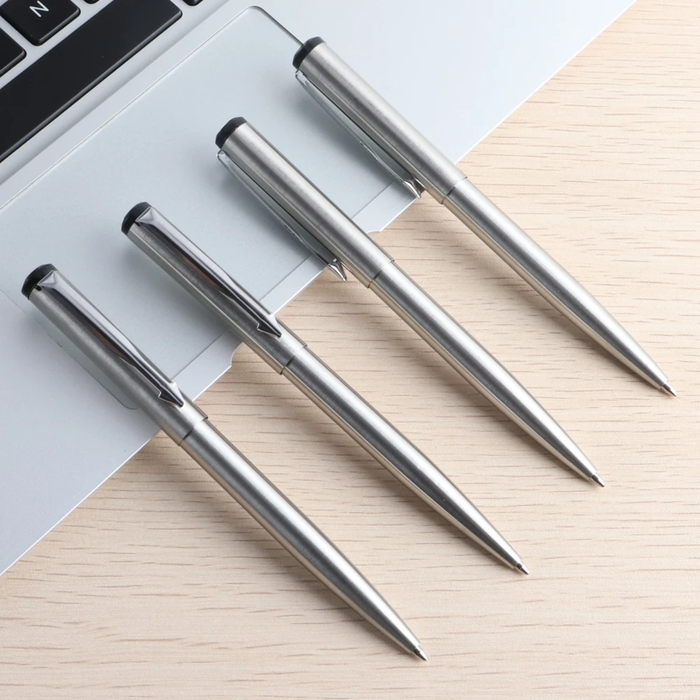 Metal Gel Pen Stainless Steel Push style Gel Pens 0.5mm Blue Black Ink Student School Stationery Supplies Silver Pen 4