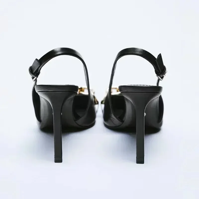 New Summer Sexy Slingback Sandals Women High Heel Metal Chain Design Fashion Pointed Toe Women Party High Heel Sandals