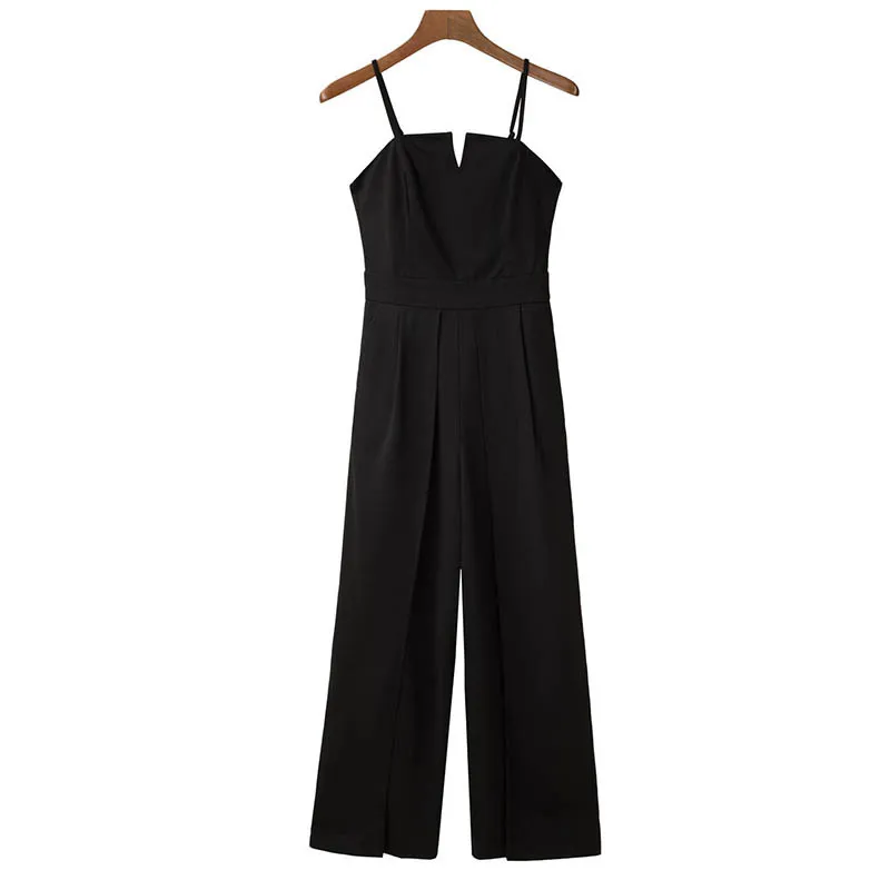 Women's Backless Bodycon Suspender Jumpsuit, High-Waisted Casual Wide-Leg Pants, Monochromatic, Split, New Fashion, Summer