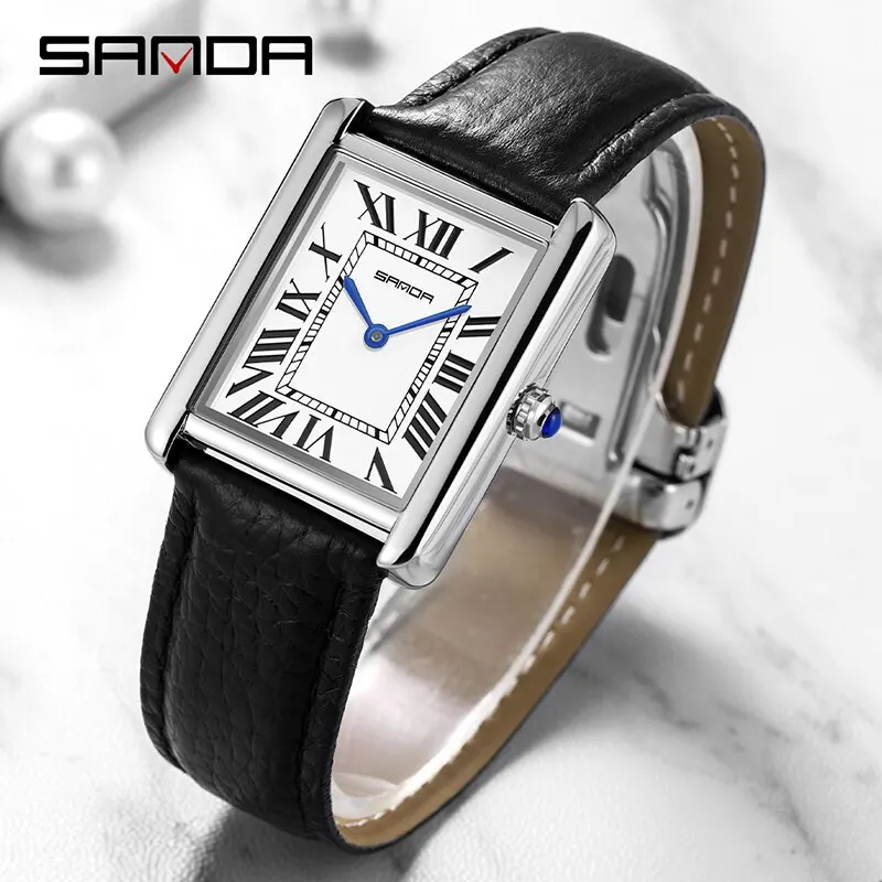 SANDA manželé hodinky 30M vodotěsný ležérní móda ženy muži křemen hodinky nést odolné kůže řemen čtverec ciferník design reloj