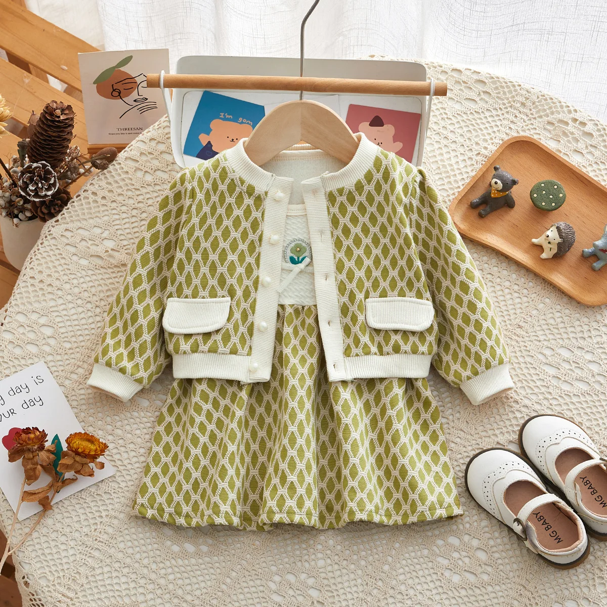 

Spring Autumn 2024 Kids Baby Girls 2PCS Clothes Set Cotton Spliced Long Sleeve Dress Ragyle Coat Suit Toddler Girls Outfits