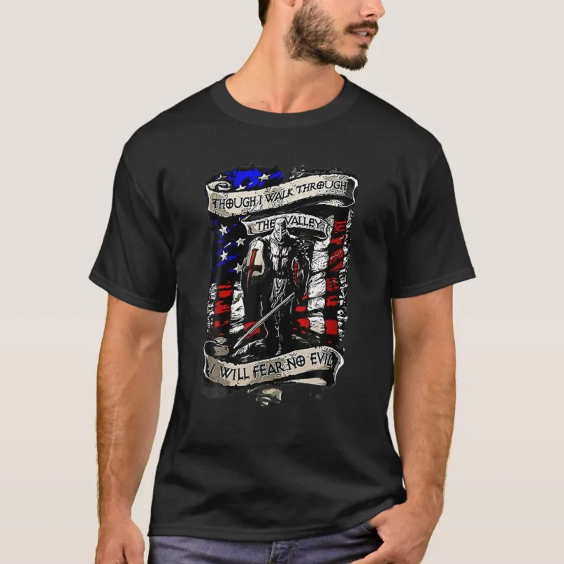 

I Fear No Evil - USA Flag American Crusader Knights Templar T-Shirt 100% Cotton O-Neck Summer Short Sleeve Casual Mens T-shirt