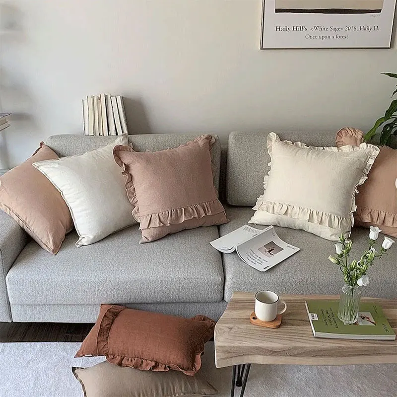 

100% Linen Ruffle Throw Pillow Cover 1 Piece Washed French Linen Ruffled Decorative Cushion Cases for Bed Sofa & Couch Farmhouse
