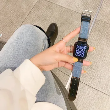 아이워치 밴드용 데님 스티칭 가죽 스트랩, 울트라 49mm, 애플 워치 SE 스트랩, 비즈니스 스포츠 루프, 40mm, 45mm, 44mm 시리즈 8765432