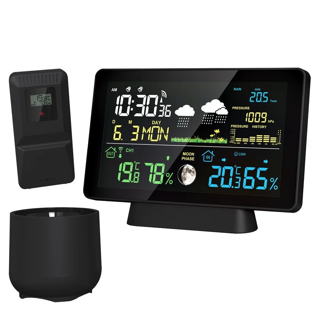 Wireless Weather Station Rain Gauge Thermometer DCF Radio Signal Time Date Alarm Clock Air Pressure Moon Phase Weather Forecast