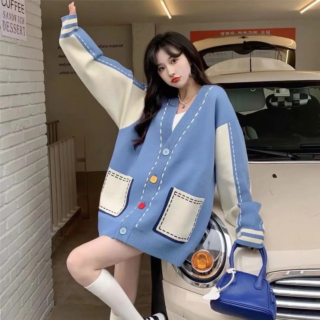 

Cute Kawaii V Neck Cardigan Women Single Button Korean Casual Knitted Outerwear Loose Winter Harajuku Sweater Autumn 2022 New
