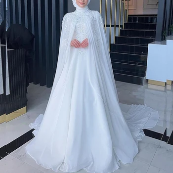 Abiti da sposa musulmani con hijab, collo alto, maniche lunghe, linea ad A, abito da sposa in chiffon con perle, abito da sposa personalizzato.