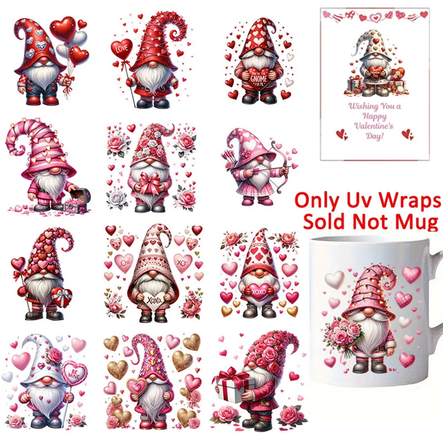 24pcs Valentine's Day Gnome Heart UV DTF Cup Wrap Transfer Sticker Glass Coffee Mugs Decoration Greeting Cards Decal Party Decor