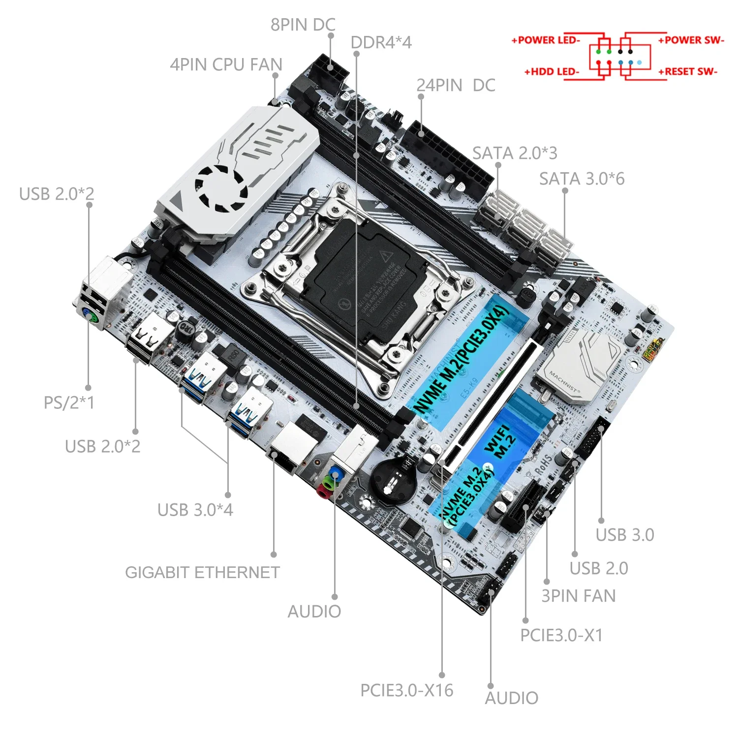 MACHINIST X99 K9 키트, LGA2011-3, Xeon E5 2698 V3 CPU 세트, 16GB DDR4 ECC RAM, NVMe M.2, WIFI, USB3.0