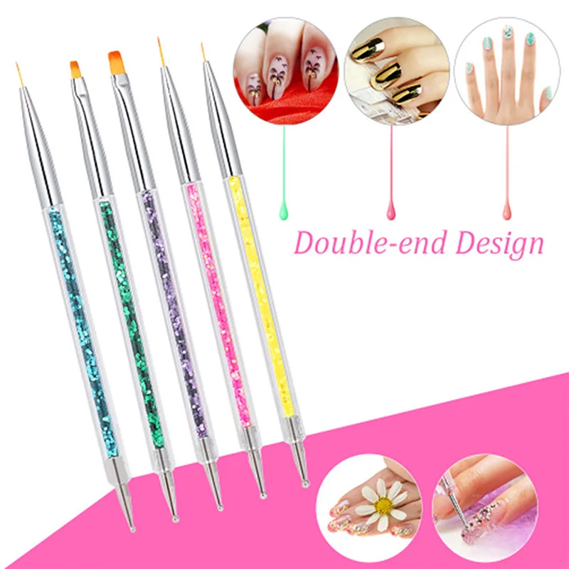 5 Pcs/Set Sequins Powder Drill Pen UV Gel Liner Polish Brush Double Ends Dotting Drawing Painting Crystal Nail Art Dotting Tools