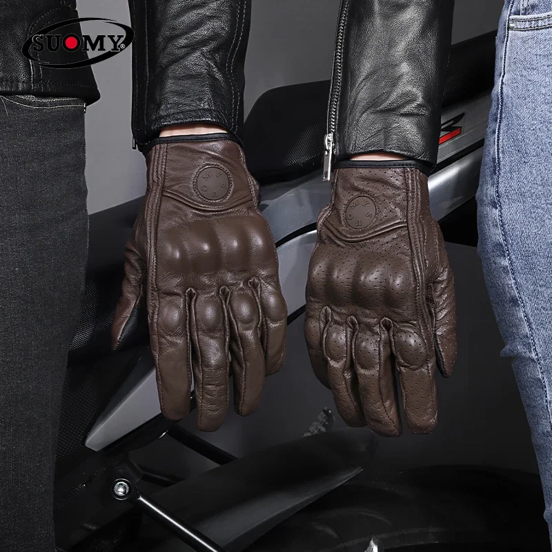 

Suomy Vintage Goat Leather Motorcycle Gloves Full Finger Moto Bike Equipment Women Men Brown Black Pink Rider Sports Protect