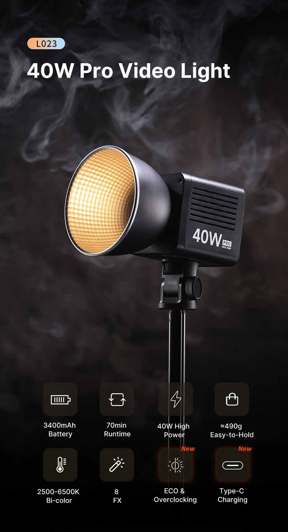 Description Picture 2 of itemUlanzi L023 40W Pro Video Light 3400mAh 2500-6500K Bi-color Photograph COB Led Video Light CRI 95+ for Outdoor Livestream