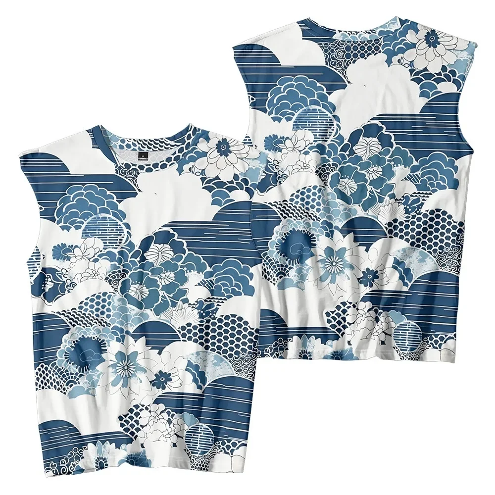 Gilet da uomo modello ventaglio giapponese Ukiyo-e Retro Harajuku Beach Holiday Canotte da sera Camicia senza maniche Top casual Abbigliamento da palestra - immagine 3