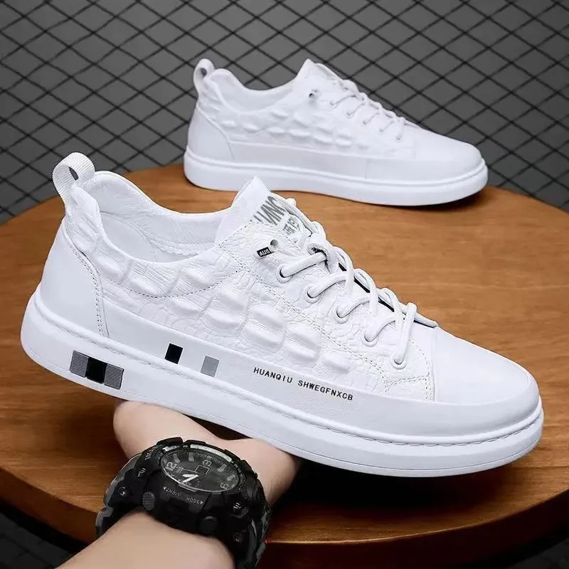 

Men's Crocodile Patterned Leather Shoes 2023 Spring New Men's Versatile Casual Shoes Board Shoes Small White Shoes