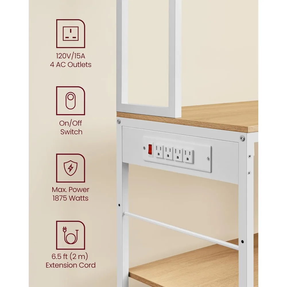 Bakers Rack with Charging Station, Coffee Bar Stand with Adjustable Storage Shelves, Fabric Drawer, 12Hooks, Table for Microwave 5