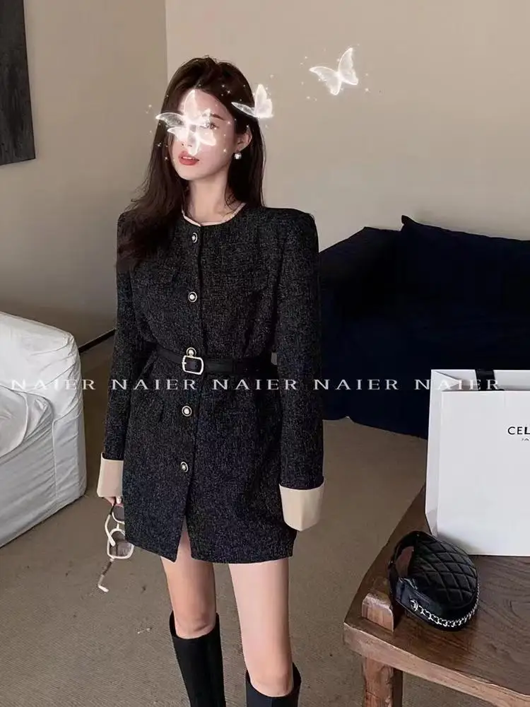 Minivestidos de otoño e invierno para mujer con cinturón, cuello vuelto, patchwork, cuello redondo, estilo blazer coreano, vestidos casuales