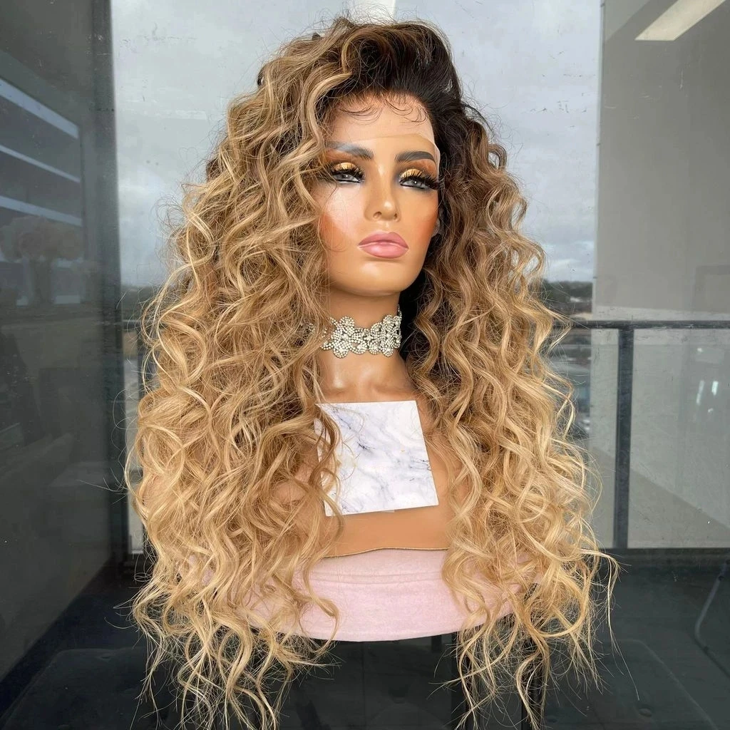 

MXWIGS Highlights Curly Honey Blonde Ombre Synthetic Hair Lace Front Wigs with Middle Part Hairline Long Wave Wigs Daily Wigs