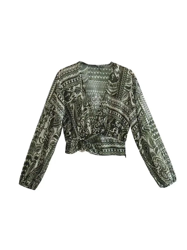 

BBWM 2022 New Women Print Blouse Ladies Vintage Summer Long Sleeve V Neck Crop Top