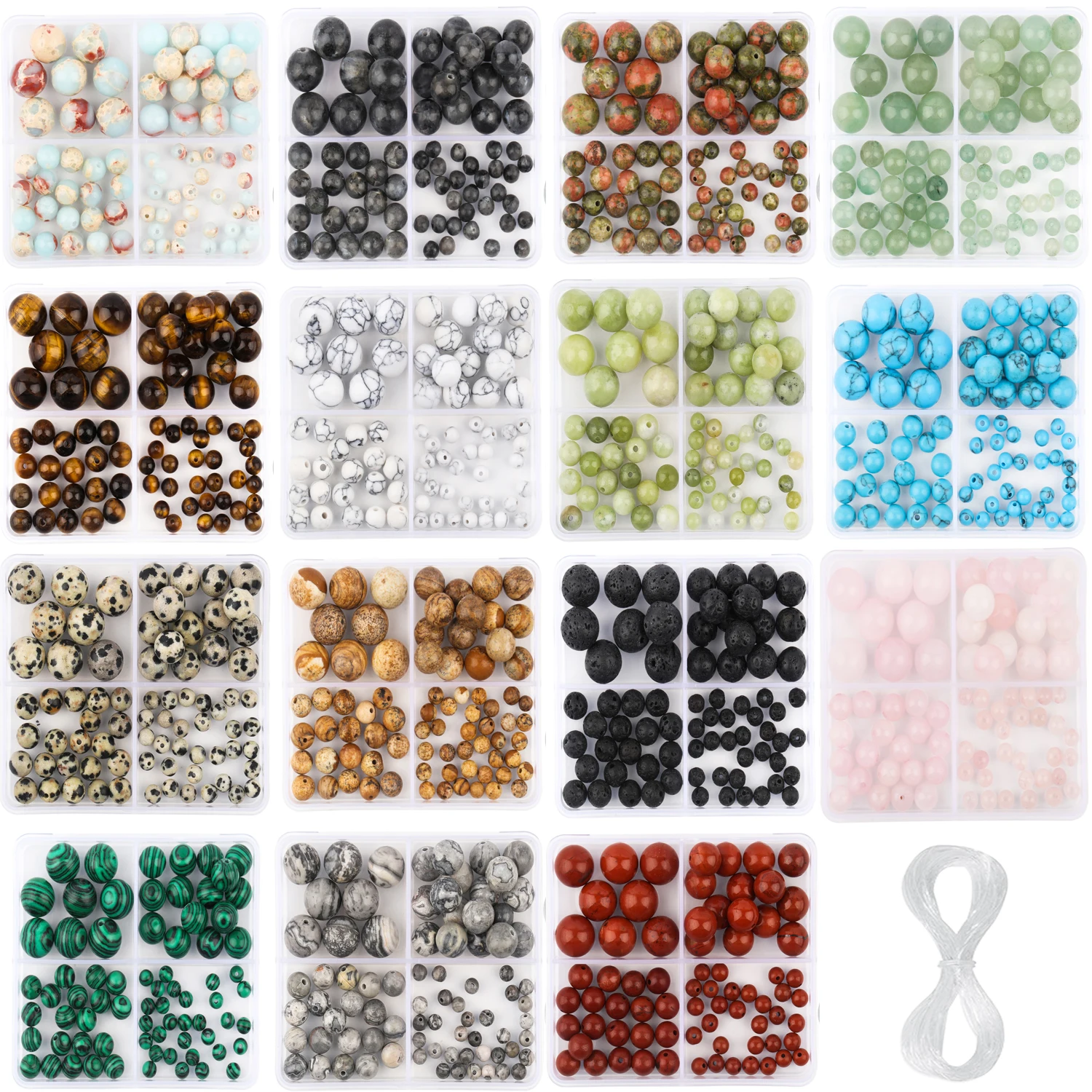 4/6/8mm Mixed Round Cracked Crystal Glass Beads Set Lobster Clasp Rings  Hook Box for