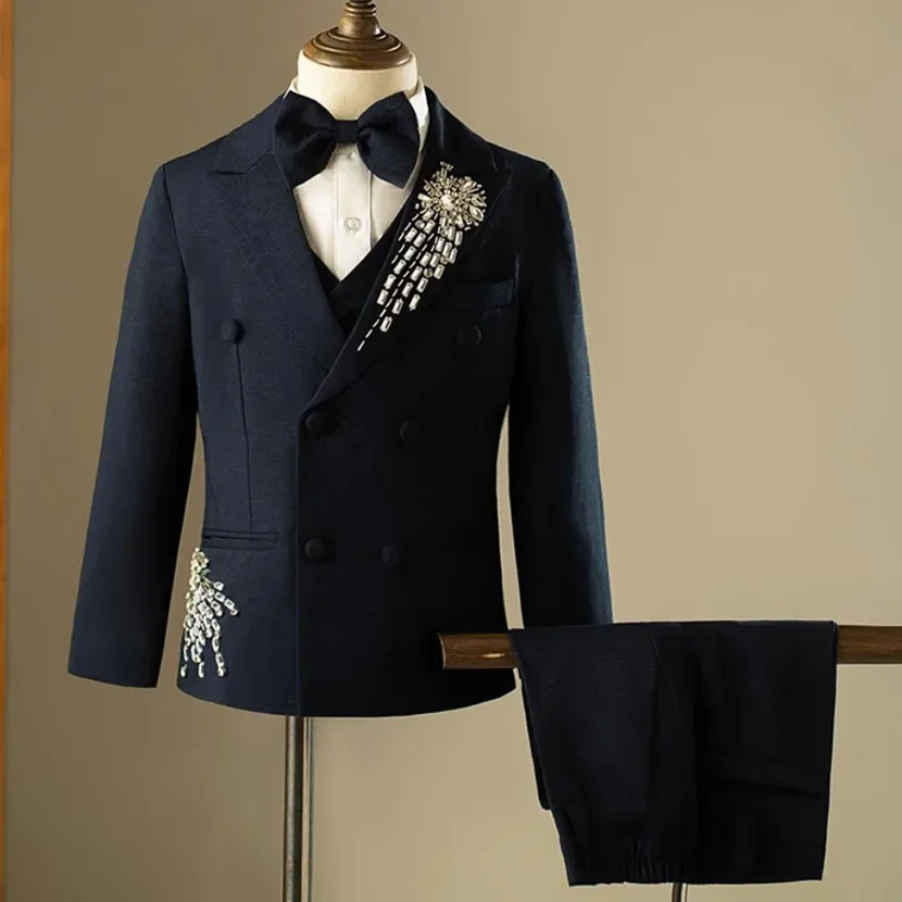 5PCS Kinder Gentleman Jungen Smoking Sets Perlen Design Kinder Formale Hochzeit Geburtstag Party Anzüge Navy Kleid A3634