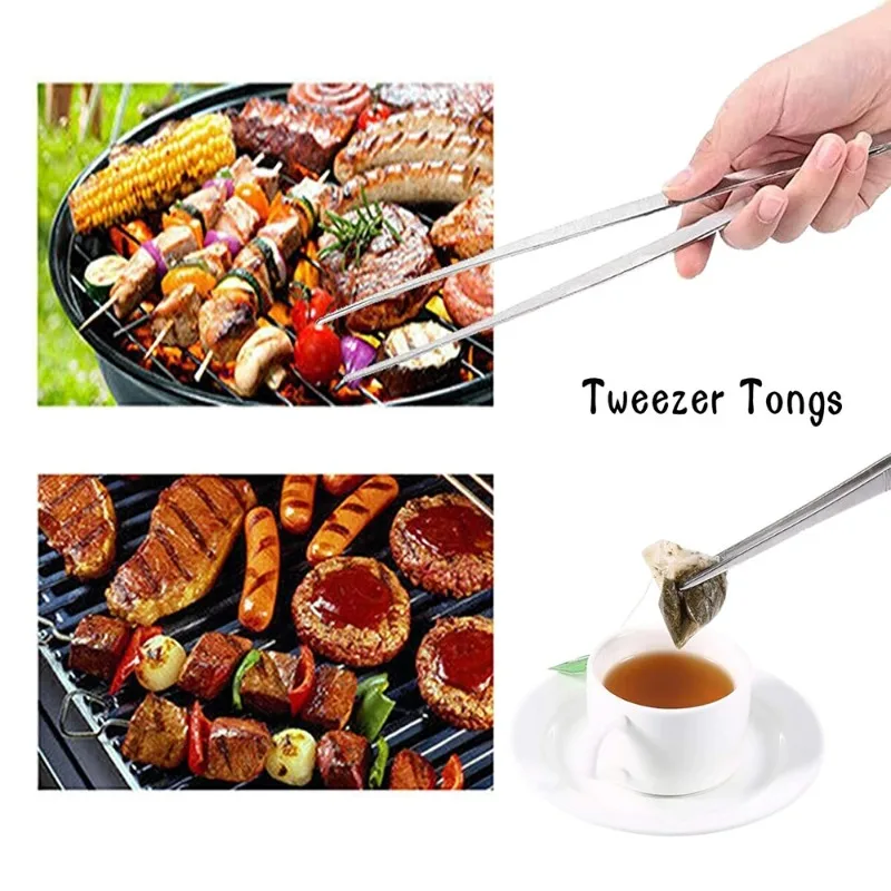 20CM/30CM Home Medical Garden Kitchen Barbecue Tools Long Barbecue Food Pliers Stainless Steel Straight Teeth Tweezers Practical