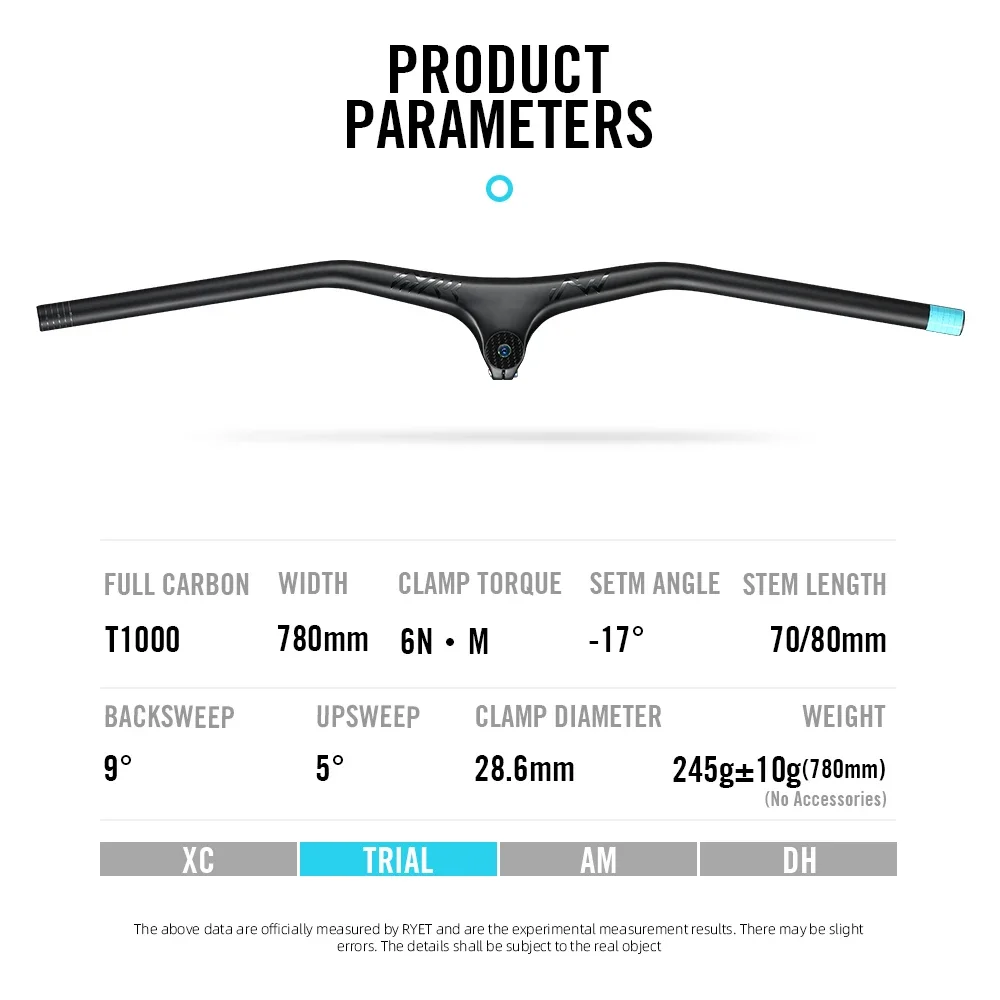 RYET ERGO17 XC Mtb Handlebars And Stem 28.6mm-10Degree Carbon Integrated Handlebar Mountain Bike Handle bar 800mm Bicycle accessories - Image 3