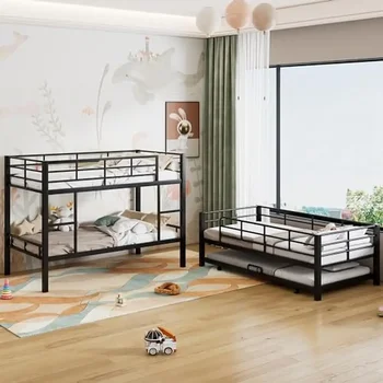 Triple Bunk Bed with Trundle Metal 3 Single Beds 2 Ladders Safety Rails Sturdy & Stylish Twin/Twin/Twin Space-Saving Design 3