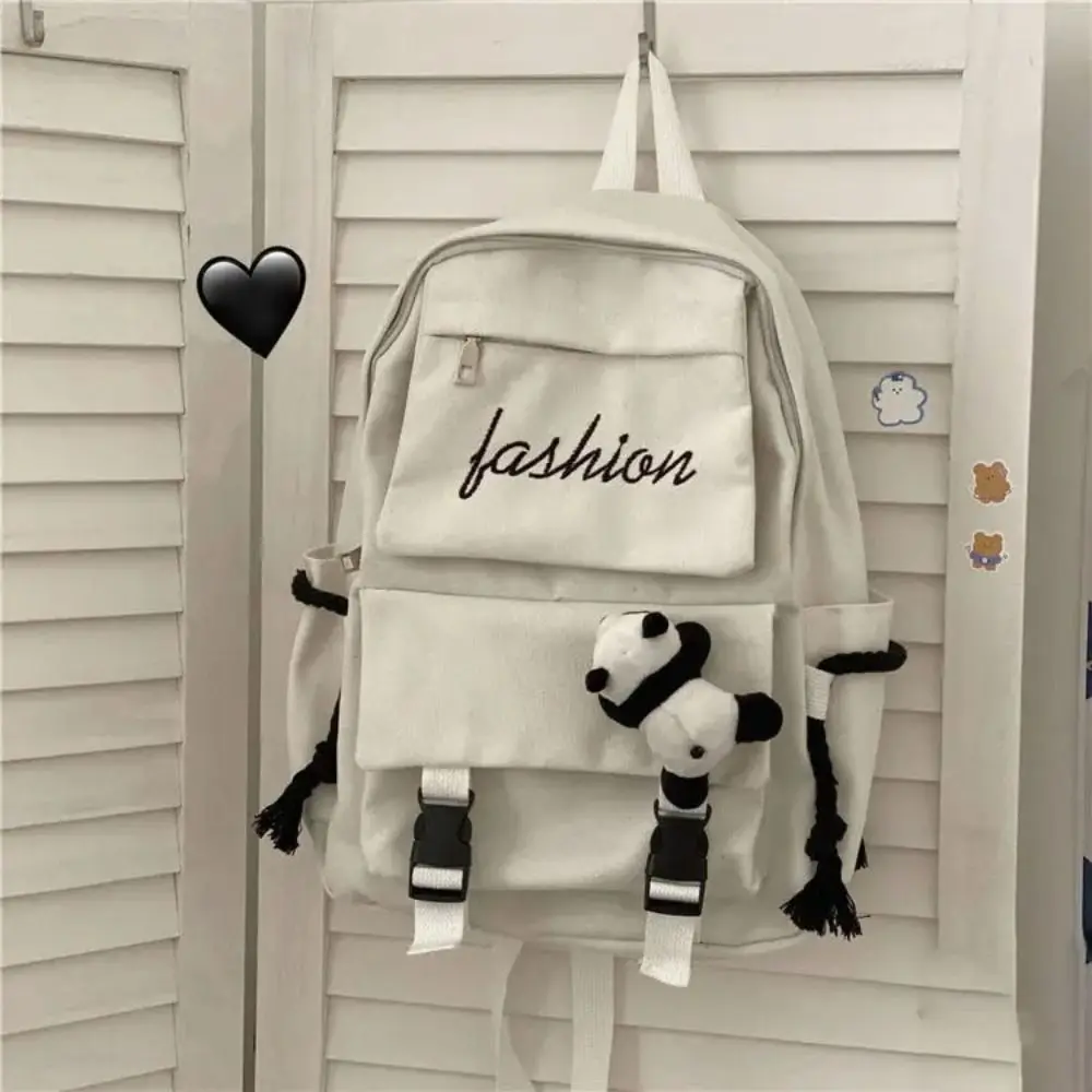 Women's Korean Version Canvas Schoolbag Men's Casual Solid Color Backpack Travel School Shoulder Bag 5