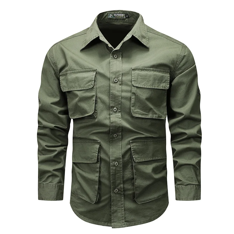 

Men Long Sleeved Multi Pockets Cargo Shirts High Quality Man Outdoor Loose Tooling Shirts New Spring Male Cotton Shirts Size 5XL