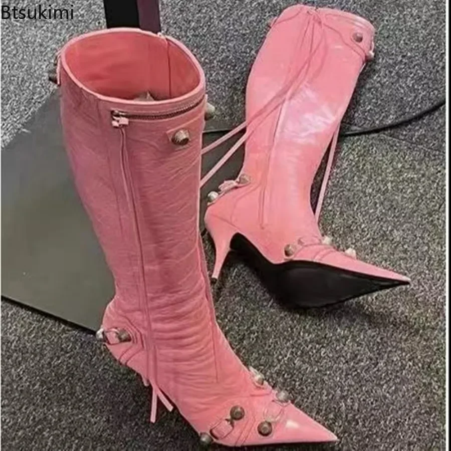 2024 Women's Sexy Knee High Leather Boots Autumn Winter Boots Female Super High Thin Heels with Rivet Retro Fashion Ladies Boots