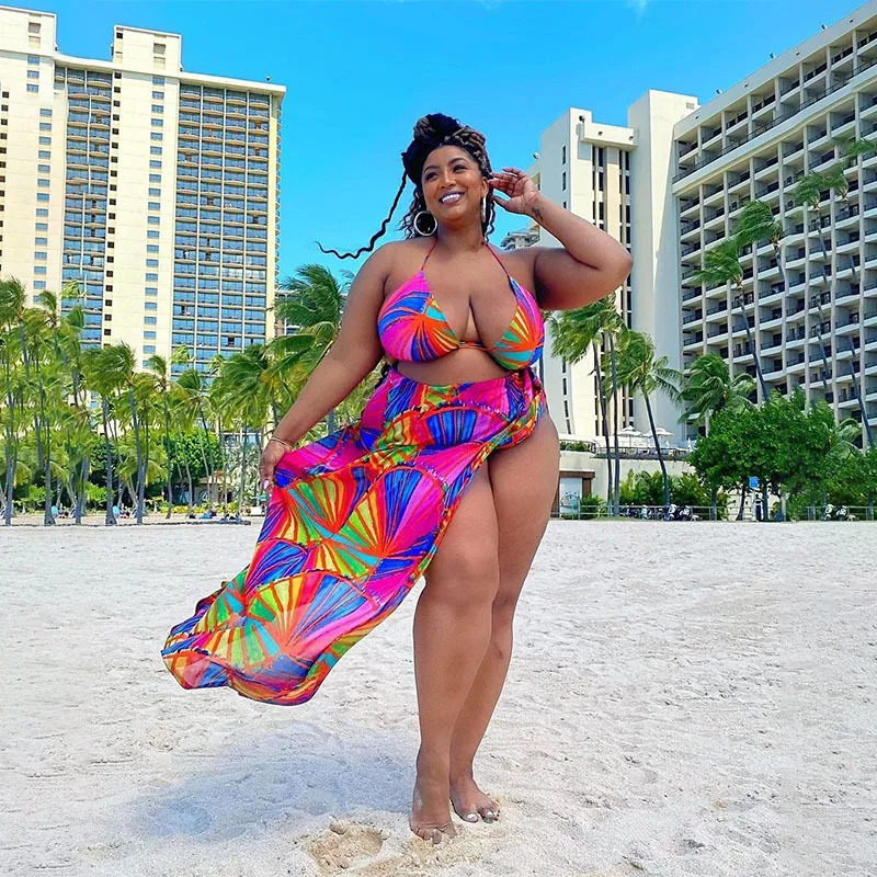 Plus Size Women Bikini Chiffon Print Bra Tops And Dresses 2022 Summer Three Two Piece Set Fashion Swimwear Designer Swimsuit
