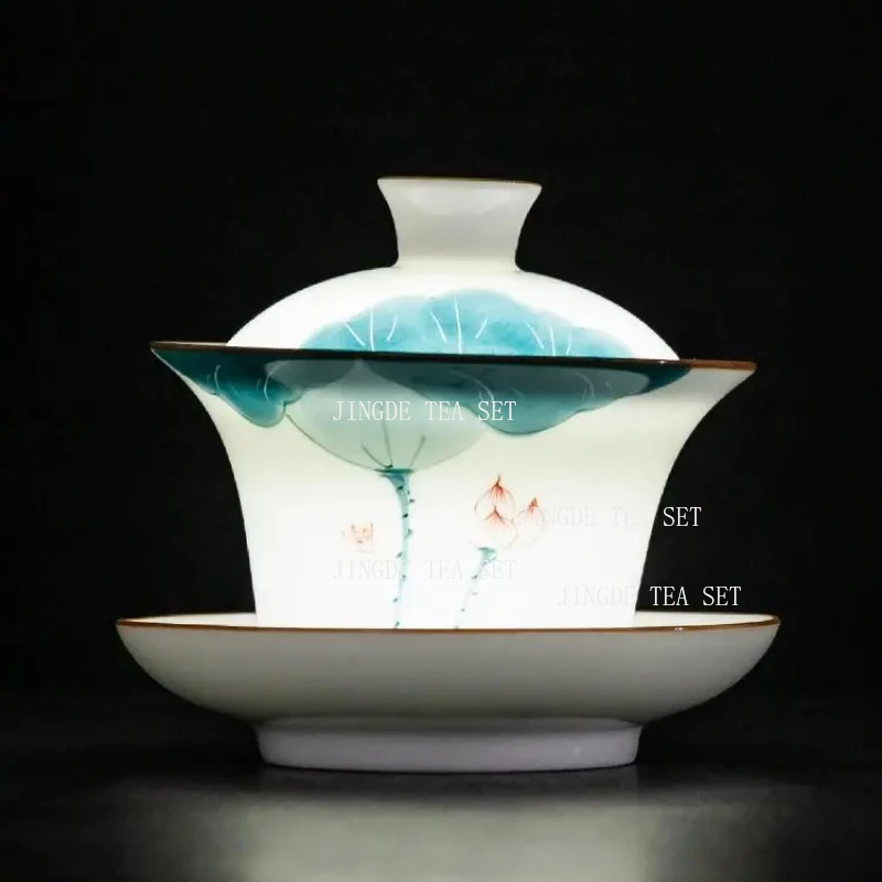 150ml Ceramic Hand-painted Tea Cup Non Hot White Porcelain Sancai Tea Bowl Underglaze Color Covered Bowl Drinking Utensils