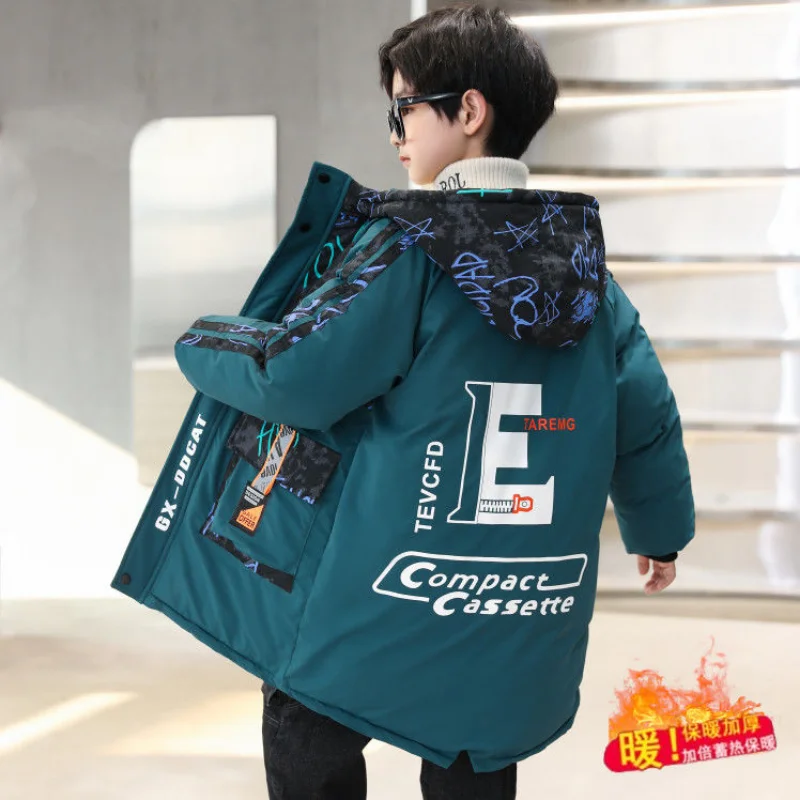 

Teen Boys Clothes Winter Thick Warm Med-length Down Cotton Jacket Fashion Letter Print Hooded Parka Children's Clothing 4-14 Yrs