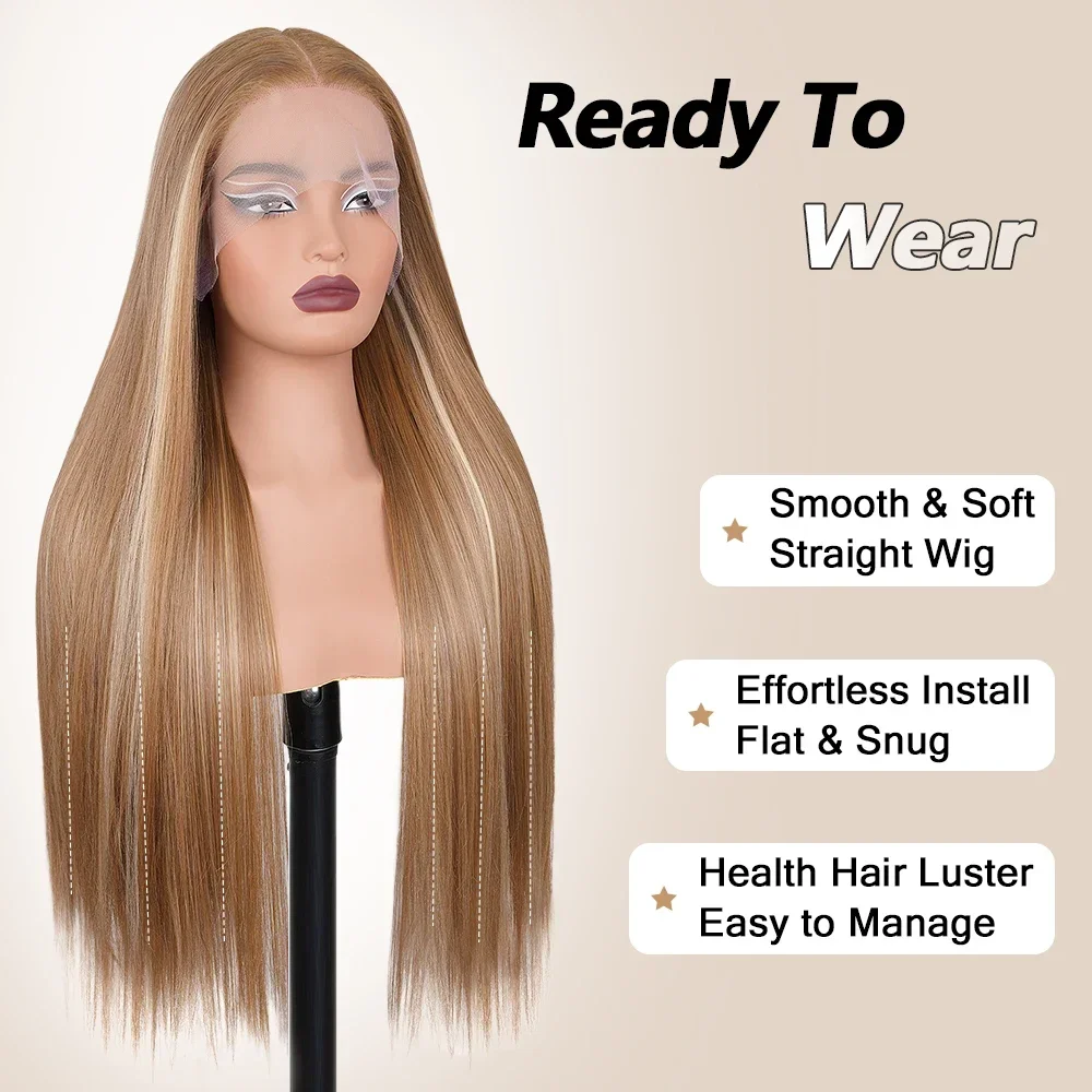 13X6 Ombre Honey Blonde Lace Frontal Wigs Highlight Bone Straight Hd Synthetic Ombre 613 Blonde Colored Front Wig For Women 2