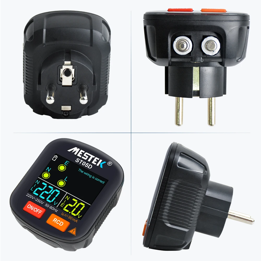 MESTEK Socket Tester US/EU Detector Polarity Phase Pheck Detector Wiring Electroscope Electric Plug Color Screen RCD Safety Test