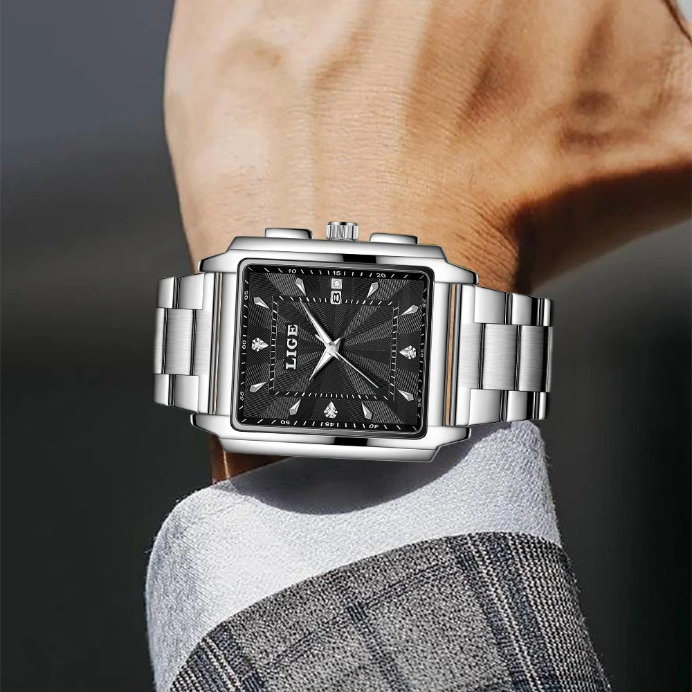 New Man Watch LIGE Luxury Fashion Business Waterproof Quartz Watches for Men Stainless Steel Band Clock Luminous Chronograph+Box